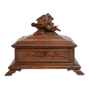 19th Century Black Forest Carved Wood Casket With Birds