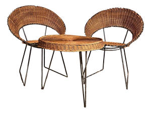 Armchairs and Coffee Table in Wicker by Raoul Guys, 1950, Set of 3