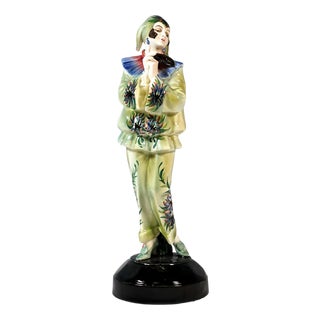 Art Deco Pierrette with Mask Figurine attributed to Dakon & Lorenzl for Goldscheider, 1920s For Sale