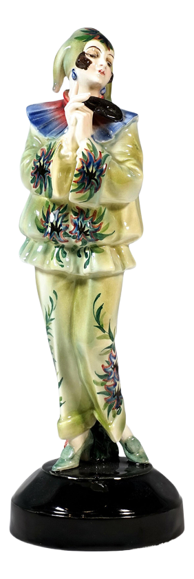 Art Deco Pierrette with Mask Figurine attributed to Dakon & Lorenzl for Goldscheider, 1920s