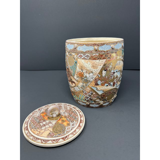 Antique Japanese Satsuma Lidded Biscuit Jar, Hand-Painted Gilt Moriage, Meiji c.1900 For Sale In Seattle - Image 6 of 9