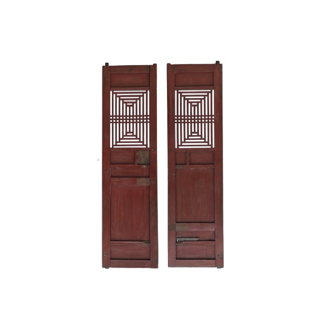 Chinese Pair Vintage Chinese Teal Blue Yellow Fujian Style Graphic Wood Wall Door Panels For Sale - Image 3 of 11