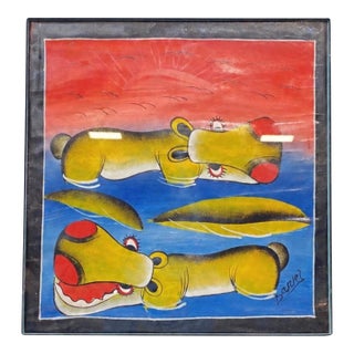 Vintage Tanzanian Tingatinga School Hippopotamus Painting — Signed For Sale