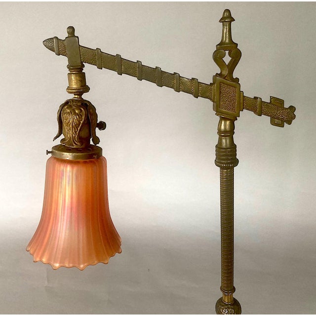 Mission 1910s Fine Rembrandt Bridge Floor Lamp, All Original, Arts & Crafts, Mission Style, Carnival Glass Shade For Sale - Image 3 of 9