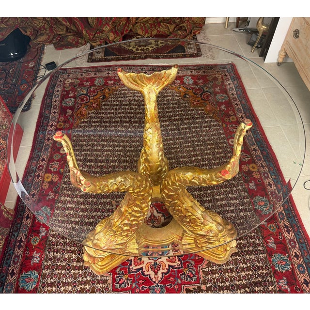 Metal Vintage Hollywood Regency Gold Koi Fish With Round Glass Top Dining Table For Sale - Image 7 of 8