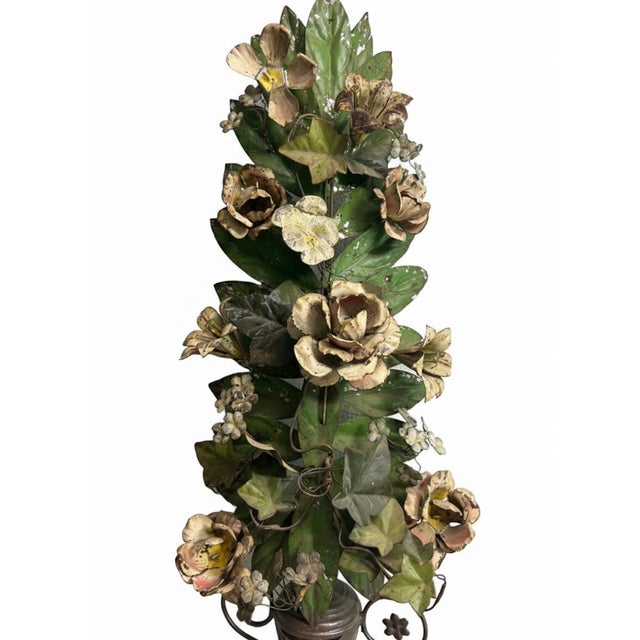 French Country Large Vintage Painted Tole Floral Wall Hanging With Urn, 28” For Sale - Image 3 of 10