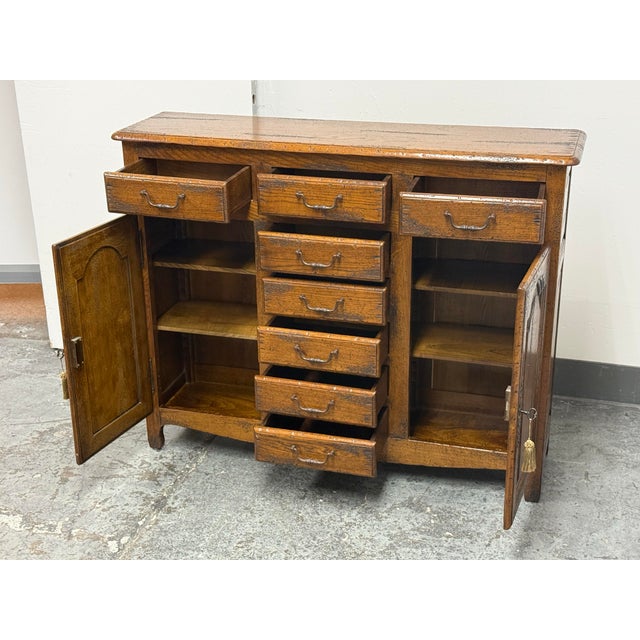 Traditional Distressed Oak Eight-Drawer Entree/Buffet For Sale - Image 10 of 12