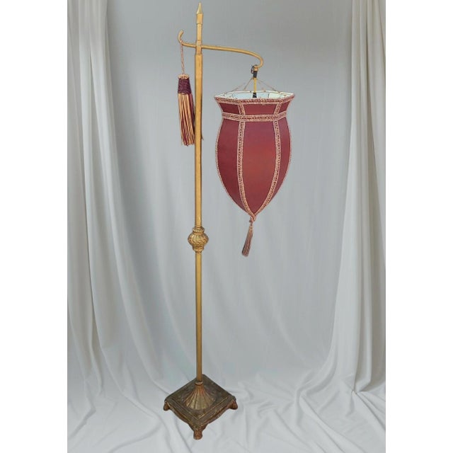 1980s Vintage Fortuny Style Red Tassel Bridge Arm Faux Leather Gold Leaf Floor Lamp For Sale - Image 5 of 11