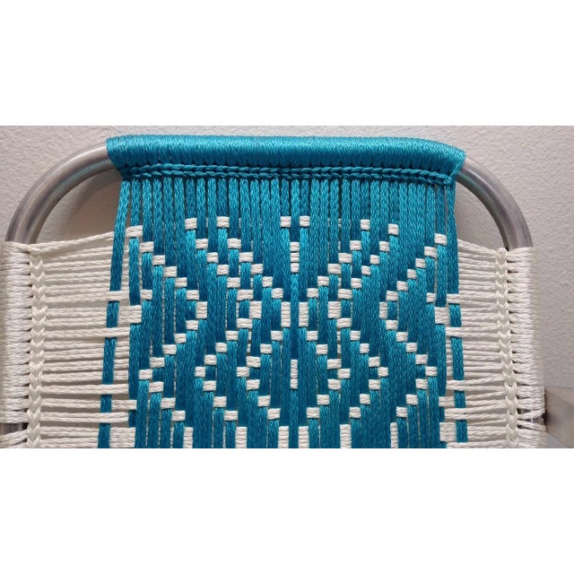 Vintage Macrame Woven Seat Aluminum Folding Lawn Chair For Sale - Image 9 of 10
