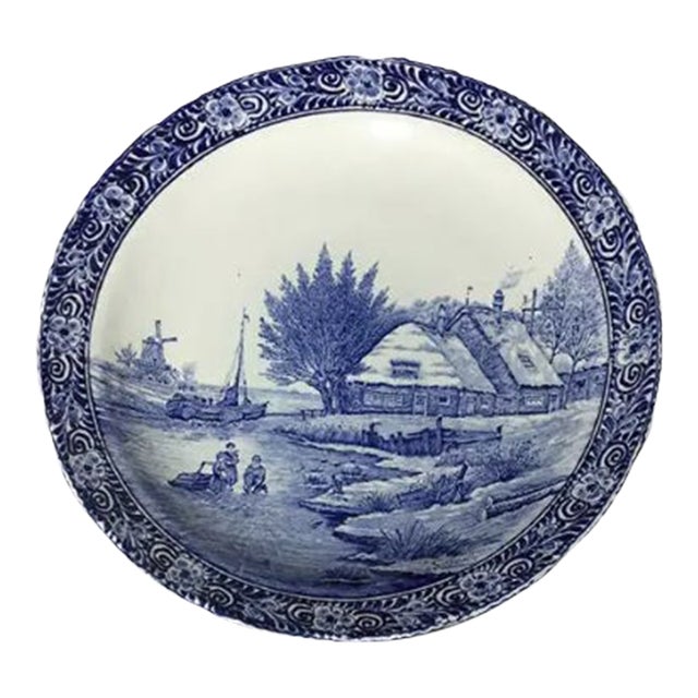 Large Antique Classic Boch Belgium Delfts Royal Sphinx Hand Painted Serving Wall Plate For Sale