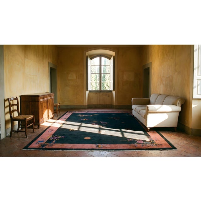 1920s Blue Navy Floral Animal Antique Chinese Art Deco Carpet 9' X 11'6" Knotted Wool Rug For Sale - Image 16 of 18