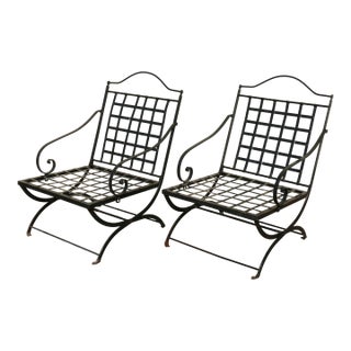 Pair of 1970s Wrought Iron Folding Patio Chairs by Hervé Baume | Outdoor Armchairs | France For Sale