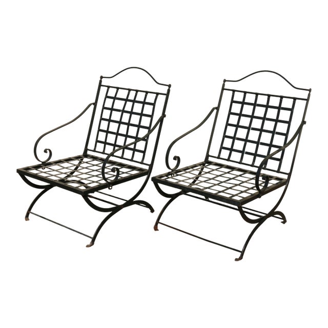 Pair of 1970s Wrought Iron Folding Patio Chairs by Hervé Baume | Outdoor Armchairs | France For Sale