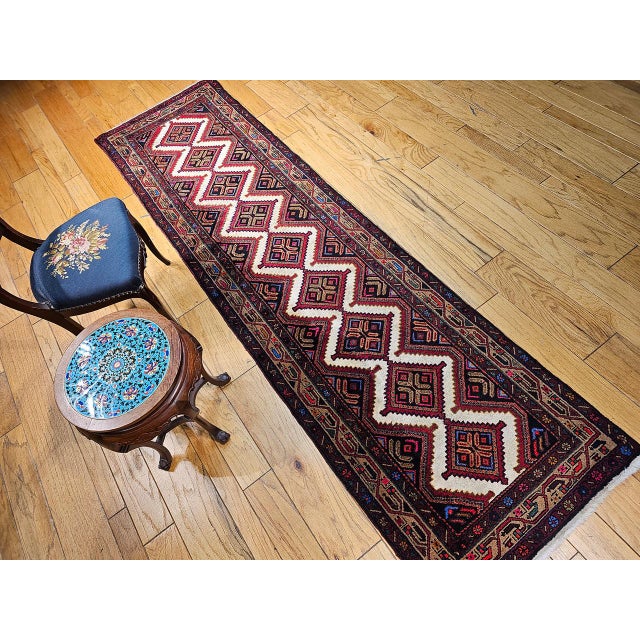 1900 - 1909 Vintage Persian Malayer Runner Rug, Hand-Knotted Wool, Geometric Pattern, 3x10, Ivory & Red For Sale - Image 5 of 15