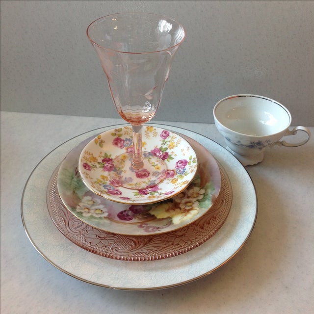 Offered is a custom mismatched vintage table setting with a "pink and baby blue" Rose theme featuring four unique...