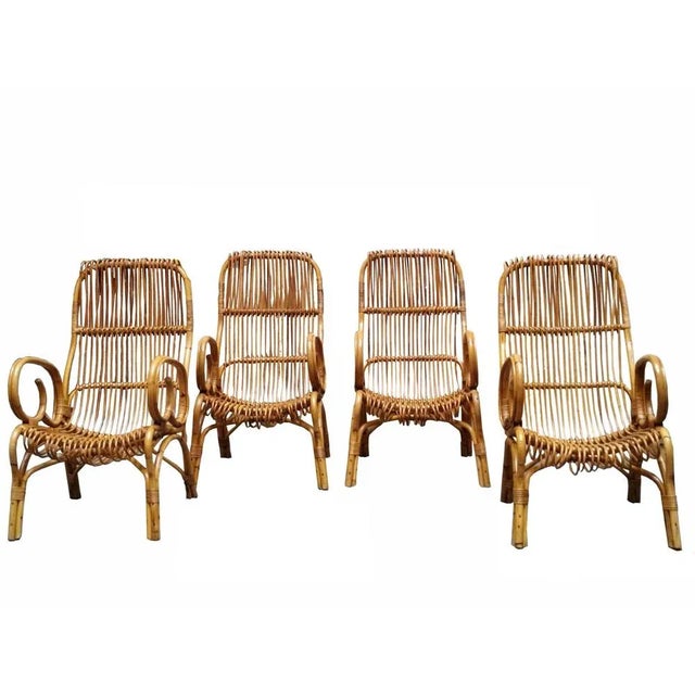 Bamboo lounge set from the 1960s attributed to designer Franco Albini, consisting of four chairs/armchairs and a round...