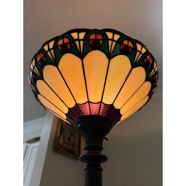 Dale Tiffany Inc Stained Glass Floor Lamp Antique Bronze Base Signed 67in For Sale In Atlanta - Image 6 of 9