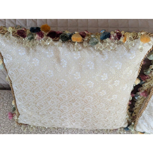 Custom Scalamandre Silk Pillows With Weave Applique and Tasseled and Beaded Crystal Fringe For Sale - Image 11 of 11