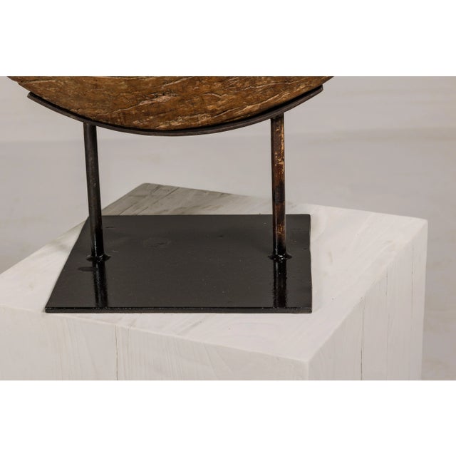 Ancient Rustic Cart Wheel Mounted on Black Lacquer Base, Weathered Patina For Sale - Image 9 of 12