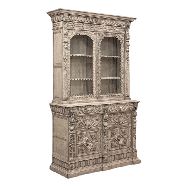 19th Century Belgian Hand-Carved Stripped Oak Bookcase For Sale