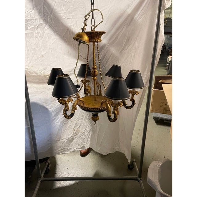 Vintage Italian Florentine and Black Chandelier With Tassel and Tole Decoration For Sale - Image 13 of 13