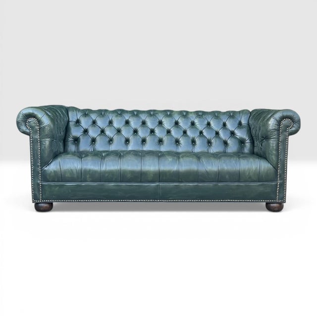 1960s Classic English Traditional Chesterfield Sofa in Rich Dark Green Leather- Brass Nail Head Trim For Sale In Los Angeles - Image 6 of 11