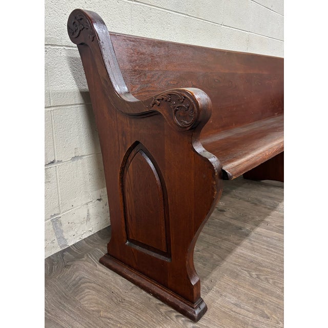 Wood Antique American Gothic Revival 8 Ft Carved Solid Oak Church Pew For Sale - Image 7 of 12