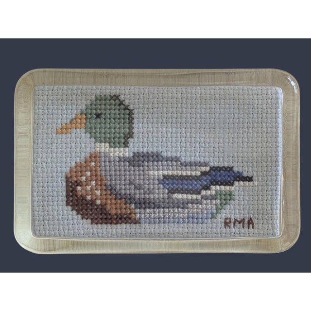 Vintage Handcrafted Mallard Duck Cross Stitch Glass Paper Weight Measures 4.25"Wide by 2.75"Deep
