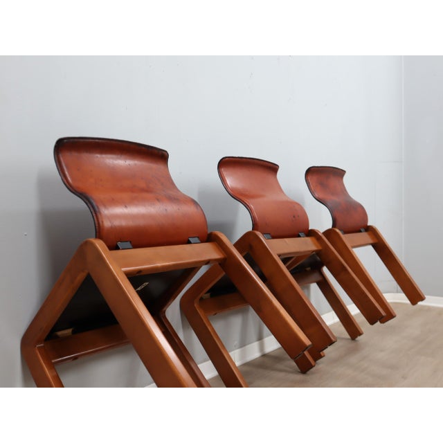 Wood Curved Wood & Leather Chairs from Afra & Tobia Scarpa, 1970s, Set of 4 For Sale - Image 7 of 18