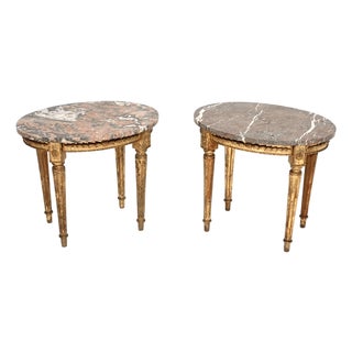 Antique French Marble Top Gilt Wood Side Tables, 1900, Set of 2 For Sale