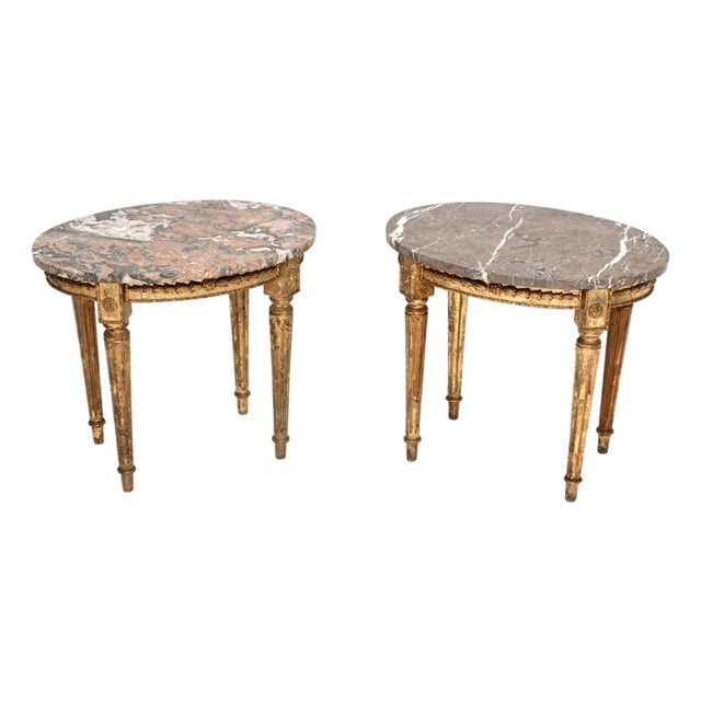 Antique French Marble Top Gilt Wood Side Tables, 1900, Set of 2 For Sale