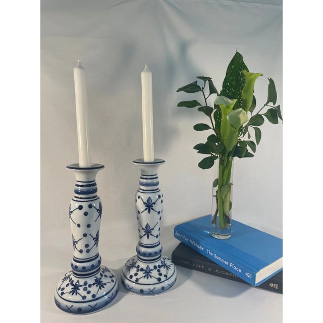 1990s French Style Blue and White Ceramic Candlestick Holders - a Pair For Sale - Image 9 of 12