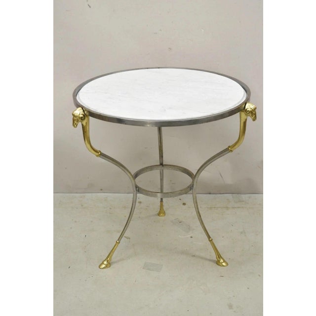 Late 20th Century Italian Neoclassical Brass Rams Head Round Marble Steel Gueridon Side Table For Sale - Image 12 of 12