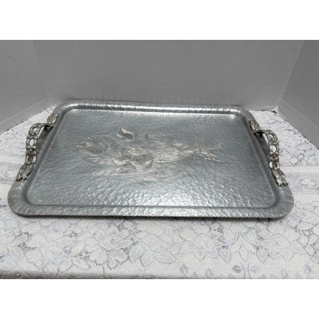 French Country Vintage 1940s Tulip Etched Metal Serving Tray For Sale - Image 3 of 8