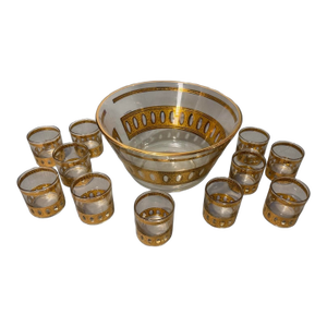 Vintage Mid-Century Modern Art Deco Retro Culver Gilt Decorated Punch Bowl Set- 12 Pieces