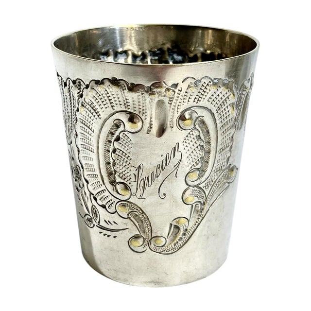 Set of 3 French Art Deco Silverplate Cups | Engraved Goblets or Match Holders For Sale - Image 4 of 13