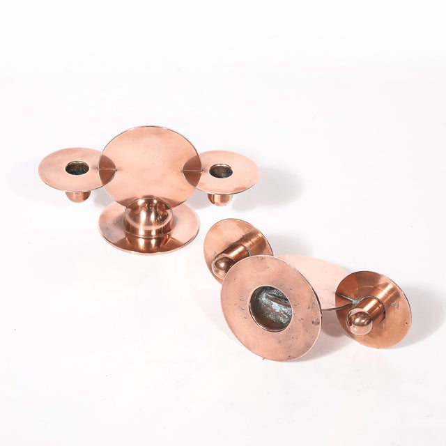 Pair of Art Deco Copper Candlestick Holders by Walter Von Nessen Signed Chase For Sale - Image 15 of 17