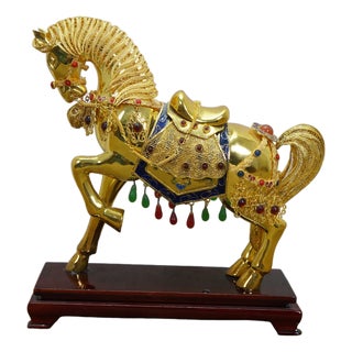Vintage Chinese Gold Plated Jeweled Tang Horse Sculpture Statue 10" For Sale