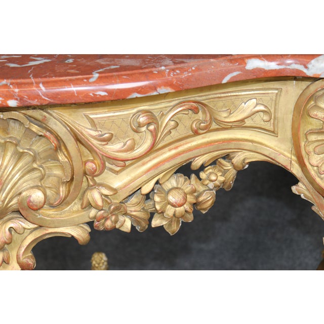19th Century French Rococo Carved Giltwood Marble Top Console Table For Sale - Image 9 of 14