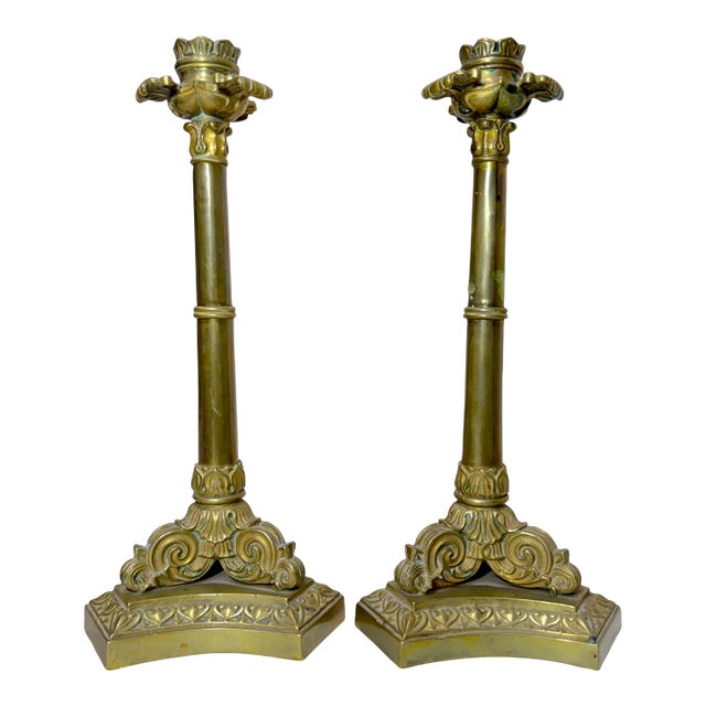 Pair Antique Ornate 1800's Gilt Bronze French Neoclassical Candlestick Holders For Sale