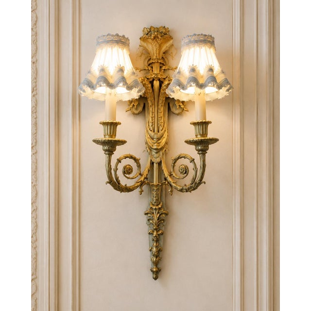 Metal 1860 French Artisan Louis XVI Gold Bronze Silk Sconces-Pair For Sale - Image 7 of 17