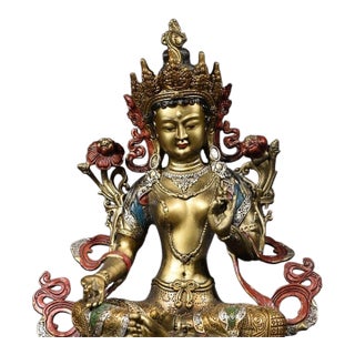 Late 19th Century Gilt Bronze Green Tara Statue, Tibetan Buddhist Figure, 1.69kg For Sale