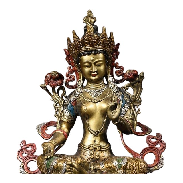 Late 19th Century Gilt Bronze Green Tara Statue, Tibetan Buddhist Figure, 1.69kg For Sale