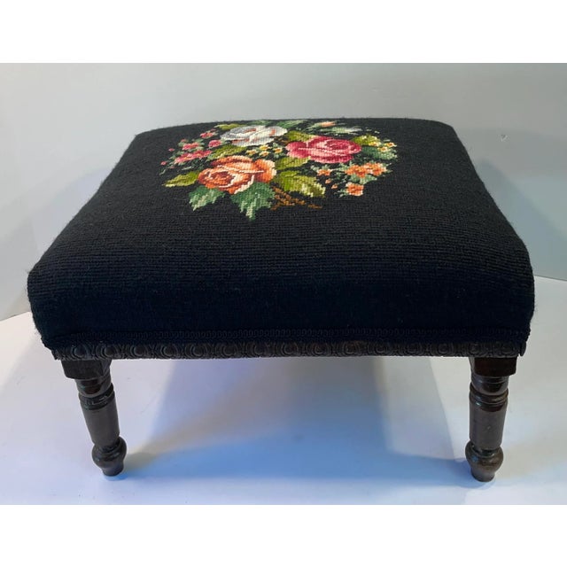 English Vintage Needlepoint Stool With Carved Details For Sale - Image 3 of 10