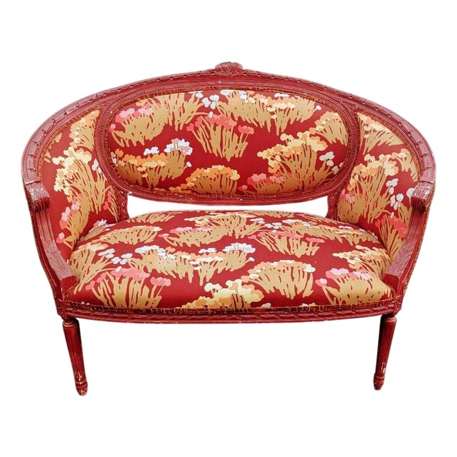 Vintage French Louis XVI Style Carved Fruitwood Settee For Sale