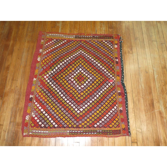 Square Boho Geometric Colorful Jajim Flat-Weave, 20th Century - 3'6" x 4'2" For Sale - Image 4 of 5