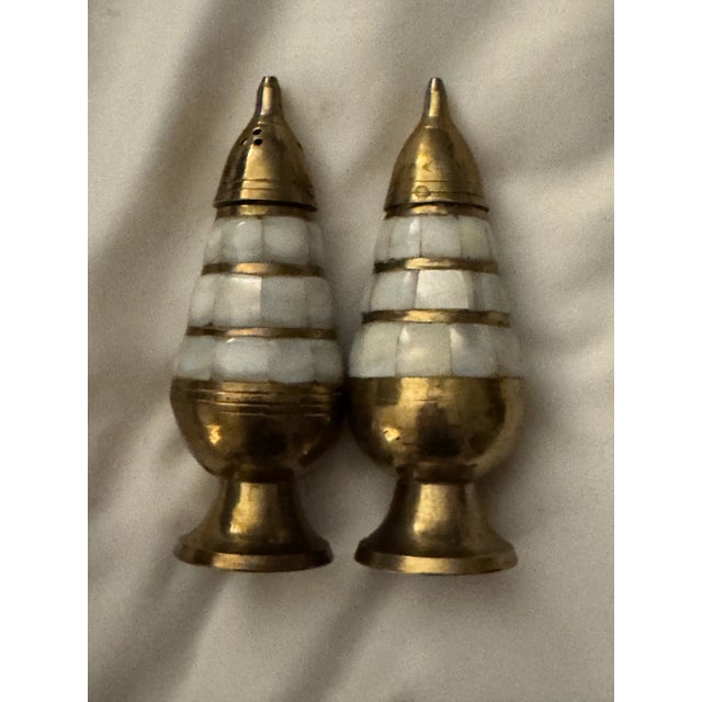 Art Deco Antique Mother of Pearl & Brass Salt & Pepper Shakers For Sale - Image 3 of 6