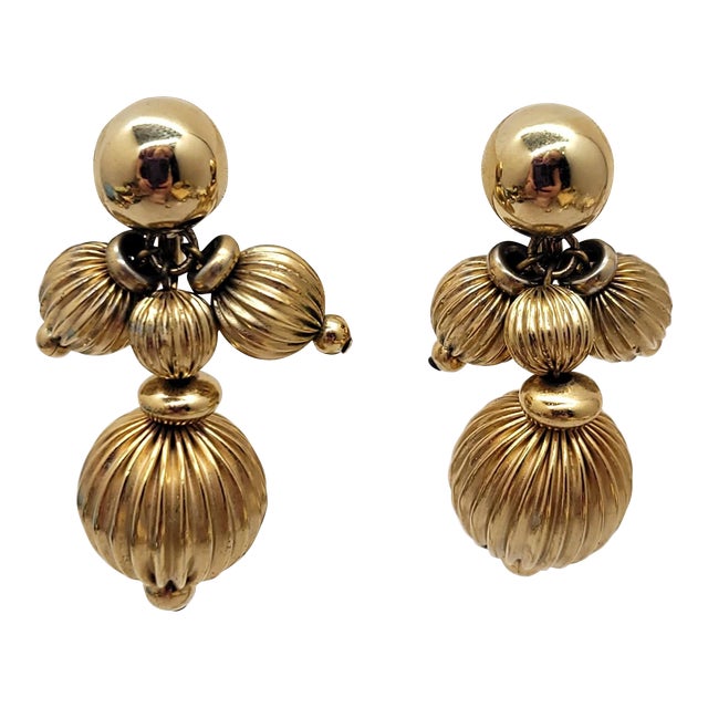 Vintage 1950s Signed Napier Goldtone Ribbed Beaded Clip Earrings - 2 Pieces For Sale