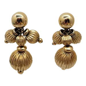 Vintage 1950s Signed Napier Goldtone Ribbed Beaded Clip Earrings - 2 Pieces