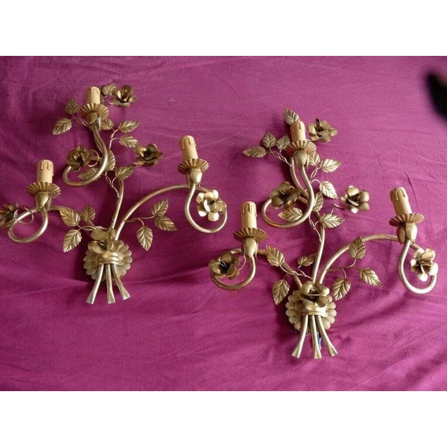 Metal 1960s French Mid Century Gilt Metal Floral Design Wall Sconces Style Bagues - a Pair For Sale - Image 7 of 7